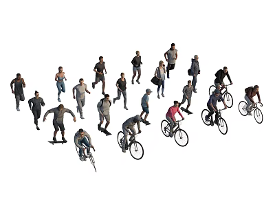 People Walking Riding Bicycles And Skateboarding Together In Public Space 3d model
