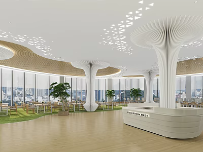 Artistic Library Cafe Interior With Sculptural Pillars And Floor to Ceiling Windows 3d model