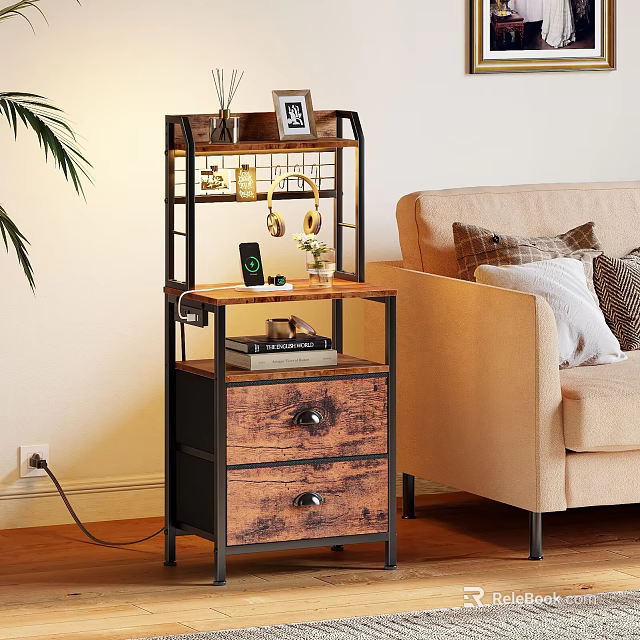 Industrial Style Living Room Storage Shelf With Wooden Drawers And Metal Frame 3d model 