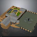 Traditional Wooden Architecture with Multiple Sloped Roofs Courtyard Lawn Pond And Circular Pattern Statue