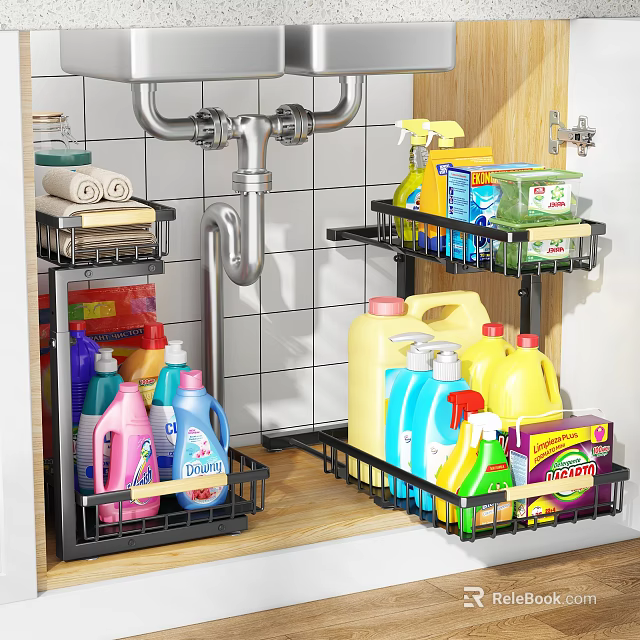 Bathroom Organizer With Metal Storage Racks Holding Cleaning Supplies And Towels 3d model 