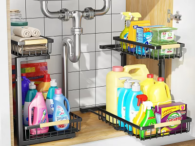 Bathroom Organizer With Metal Storage Racks Holding Cleaning Supplies And Towels 3d model