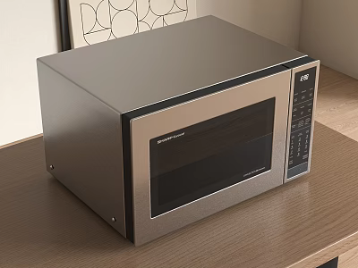 Modern Stainless Steel Microwave Oven As Kitchen Appliance On Wooden Countertop 3d model