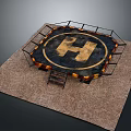 Octagonal Fighting Ring With Yellow H Logo Fencing And Brown Mat Floor