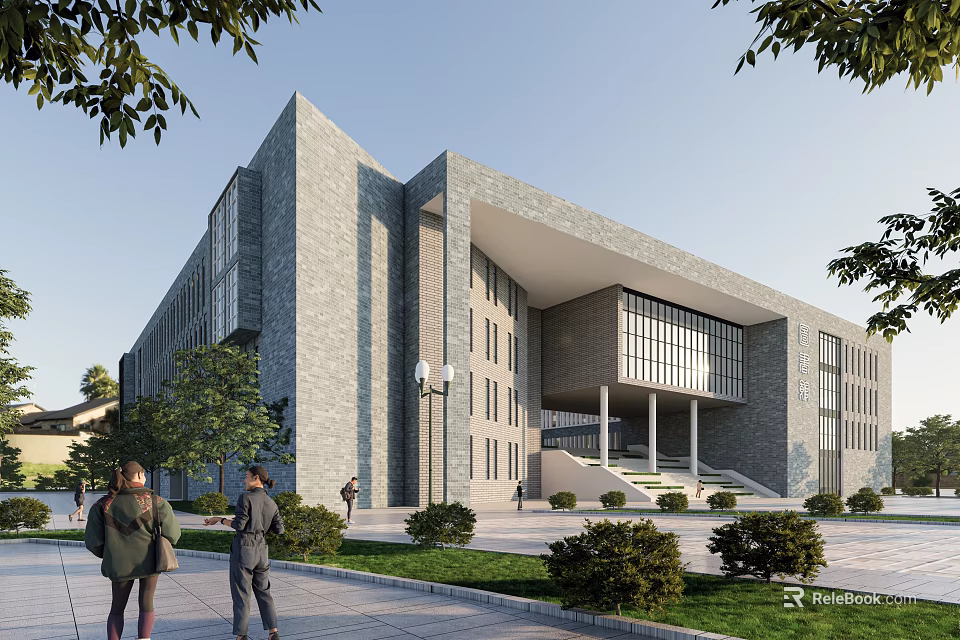 Modern School Building With Gray Brick Exterior Large Windows Steps And Greenery 3d model 