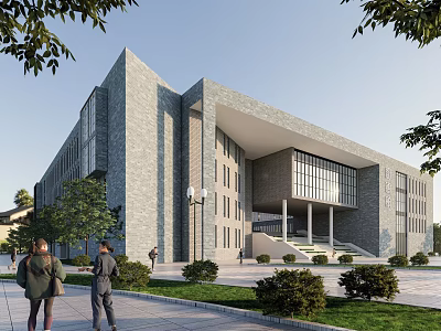 Modern School Building With Gray Brick Exterior Large Windows Steps And Greenery 3d model