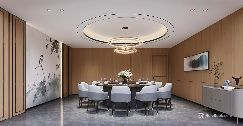 Chinese Style Private Dining Room Interior With Round Table White Chairs Wooden Walls And Ink Painting 3d model 