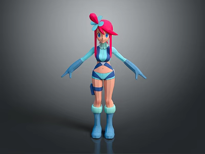 Stylish 3D Character Creature With Pink Hair Blue Outfit Bow Gloves And Boots 3d model
