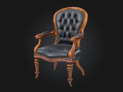 Classic Chaise Lounge With Wooden Frame Black Leather Tufted Seat And Carved Legs 3d model