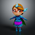 Cartoon 3D Game Movie Character With Red Glasses Brown Hair Blue Armor And Green Cape