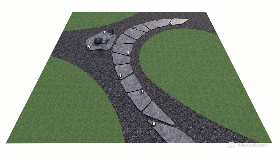Curved Natural Stone Stepping Stones Path With Green Lawn And Pebble Ground 3d model 