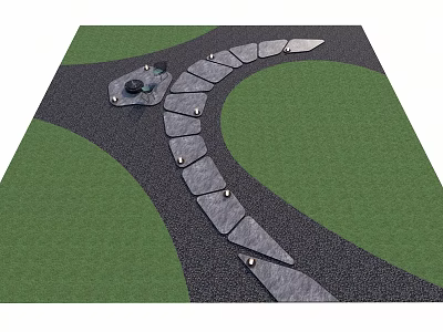 Curved Natural Stone Stepping Stones Path With Green Lawn And Pebble Ground 3d model