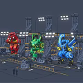 Colorful Robot Characters Red Green Blue in Factory Workshop with Mechanical Structures and Lighting