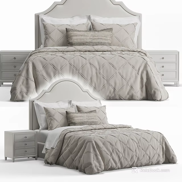 Modern Double Bed With Quilted Bedding Pillows And Matching Bedside Tables 3d model 