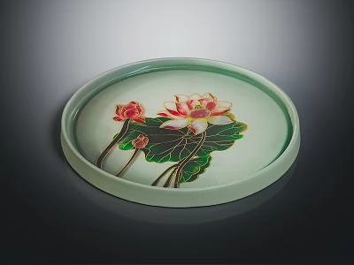 Elegant Green Round Decorative Plate With Lotus Flower And Leaves Design 3d model