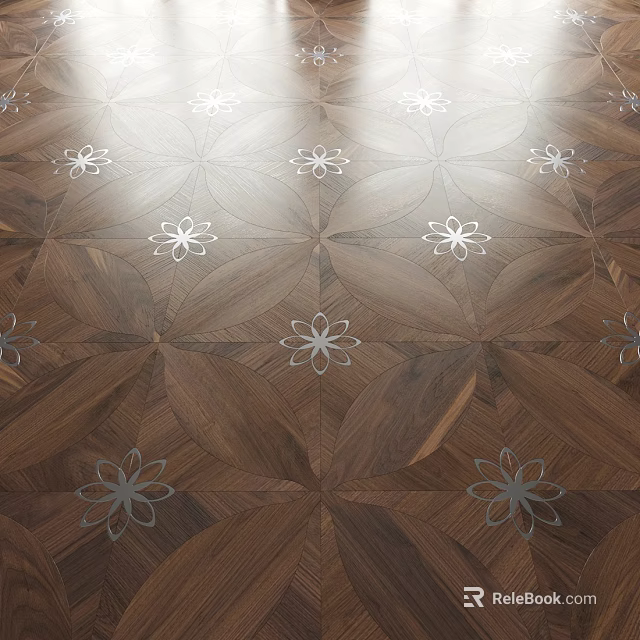 Elegant Wooden Flooring Design With Geometric Patterns And Floral Accents 3d model 