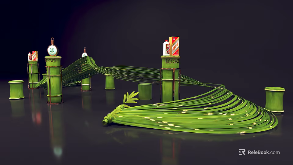 Green Bamboo Structure With Curved Strips Connecting Pillars Small Lights Boxes On Dark Ground 3d model 
