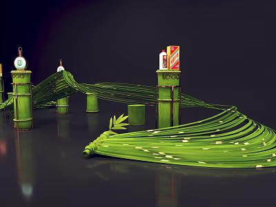 Green Bamboo Structure With Curved Strips Connecting Pillars Small Lights Boxes On Dark Ground 3d model