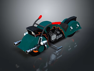 Green Motorcycle With Red Seat Black Accents Exposed Engine And Orange Exhaust Pipes 3d model