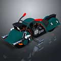 Green Motorcycle With Red Seat Black Accents Exposed Engine And Orange Exhaust Pipes