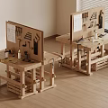 Wooden Workbenches With Tools Blueprints And Items In Room With Wooden Floor And Window Blinds