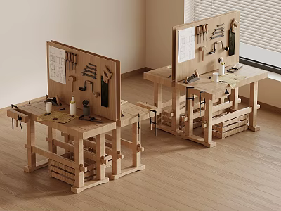 Wooden Workbenches With Tools Blueprints And Items In Room With Wooden Floor And Window Blinds 3d model