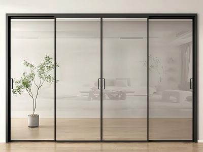 Modern Black Frame Sliding Doors With Transparent Glass In Interior Wooden Floor Area 3d model