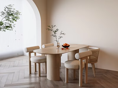 Minimalist Wooden Dining Table Set In Beige Interior With Cushioned Chairs Arched Window And Plants 3d model