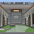 Classical Ancient Architecture With Gray Brick Walls Eave Roof Stone Lions And Green Plants