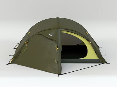 Camping Camp Featuring Green Outdoor Tent With Open Door And Yellow Ropes 3d model