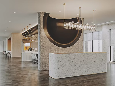Modern Reception Desk Design With Curved Wall Terrazzo Countertop And Chandelier Lighting 3d model