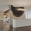 Modern Reception Desk Design With Curved Wall Terrazzo Countertop And Chandelier Lighting