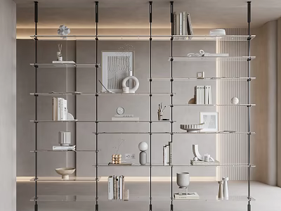 Modern Glass Shelf Unit With Multi Tiered Open Design And Decorative Items In Living Room 3d model