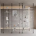 Modern Glass Shelf Unit With Multi Tiered Open Design And Decorative Items In Living Room