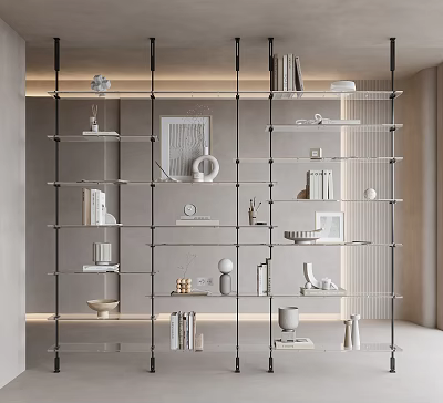 Modern Glass Shelf Unit With Multi Tiered Open Design And Decorative Items In Living Room 3d model