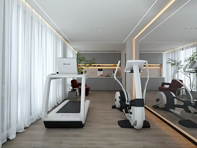 Modern Home Gym With Treadmill Elliptical Machine Mirror Walls White Curtains And Wooden Floors 3d model