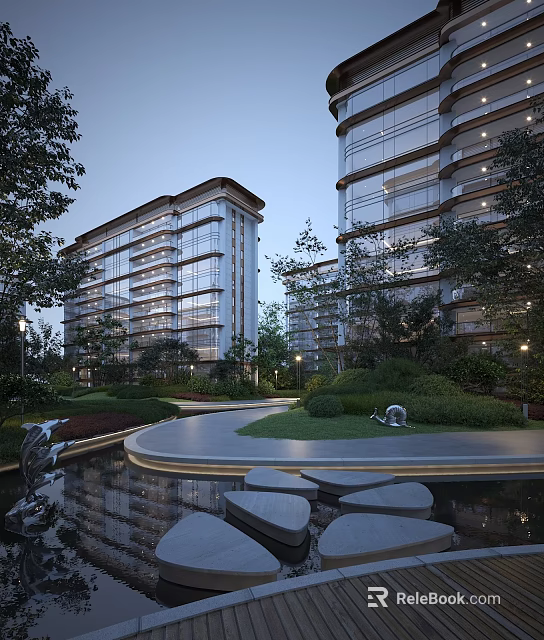 Modern Residential Building With Glass Facade Landscaped Gardens Water Features And Pathways 3d model 