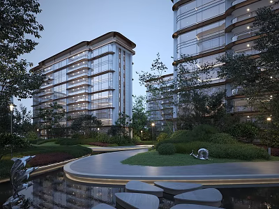 Modern Residential Building With Glass Facade Landscaped Gardens Water Features And Pathways 3d model