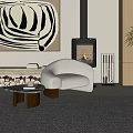White Single Sofa in Living Room with Fireplace Flames Zebra Wall Art and Potted Plant