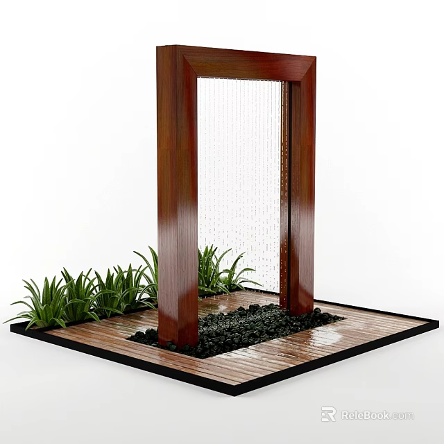 Wooden Architectural Frame with Waterfall Feature Pebbles and Green Plants 3d model 