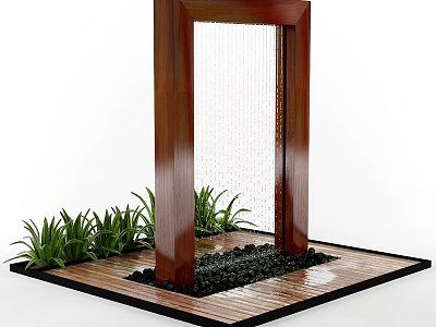 Wooden Architectural Frame with Waterfall Feature Pebbles and Green Plants 3d model