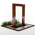 Wooden Architectural Frame with Waterfall Feature Pebbles and Green Plants