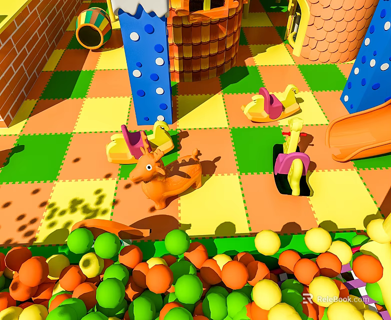 Vibrant Children's Play Equipment With Slide Animal Structures And Colorful Balls On Checkered Floor 3d model 