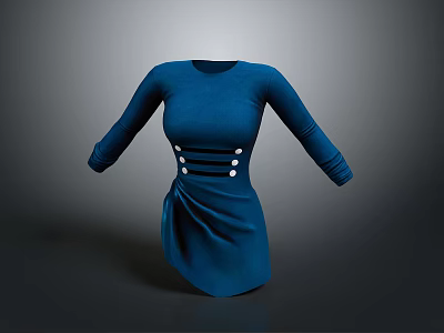 Dark Blue Long Sleeve Dress with Three Rows of Buttons and Pleated Waist 3d model