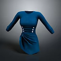 Dark Blue Long Sleeve Dress with Three Rows of Buttons and Pleated Waist
