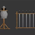 Silver Medieval Helmet On Wooden Stand With Wooden Rack And Metal Hooks