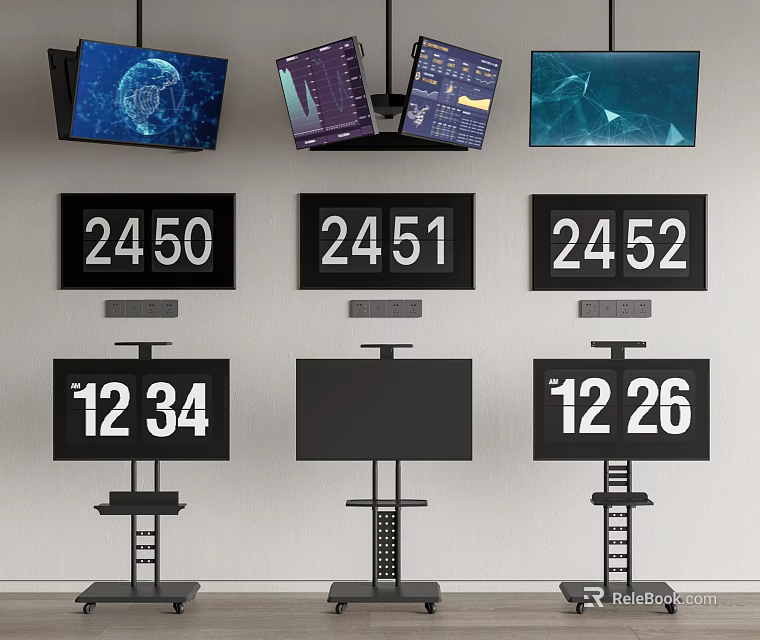 Multiple Wall Mounted and Stand TVs with Digital Number and Graphic Displays 3d model 