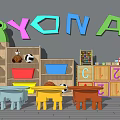 Kids Table With Colorful Stools Toy Cars Alphabet Blocks Football And Storage Shelf