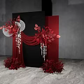 Elegant Floral Decor With Red Flowers Black Backdrop Red Drapery White Fans And Beaded Tassels