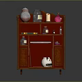 Wooden Bookcase With Shelves Cabinet Doors Vases Scroll Books And Decorative Items